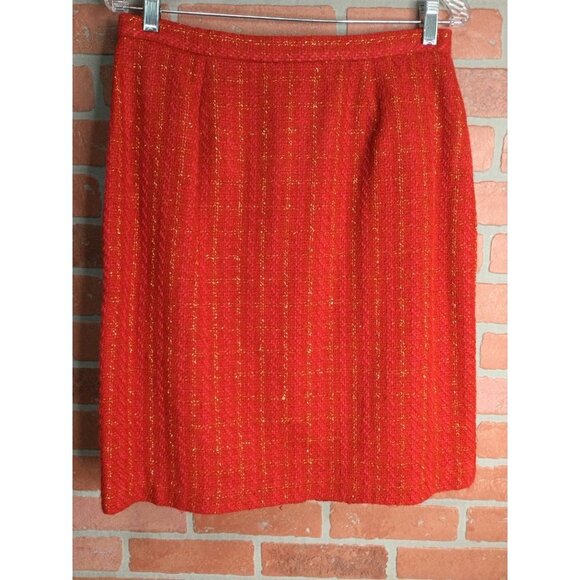 Vintage Tweed Skirt Blazer Jacket Set Suit Red Gold Metallic Fringe Detail - Picture 8 of 8